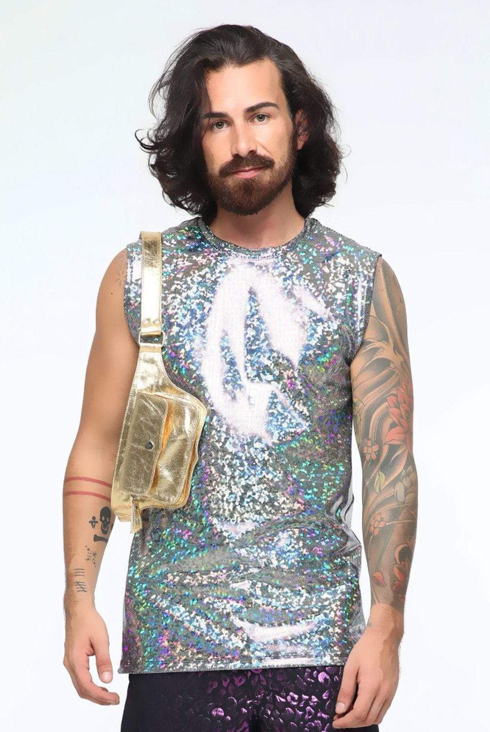 Sea Dragon Studio holographic sleeveless tee back view in silver - mens festival tank by Sea Dragon Studio.