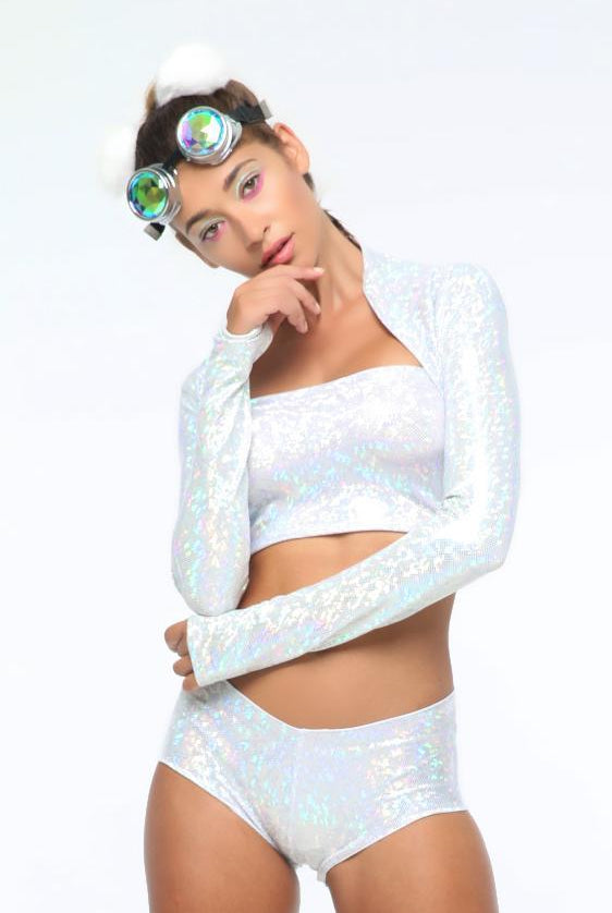 Sea Dragon Studio holographic womens festival jacket — rave wear, worn at festival.