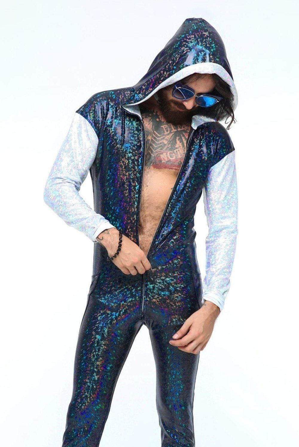 Sea Dragon Studio mens holographic jumpsuit back view in silver - full-length festival rave jumpsuit by Sea Dragon Studio.