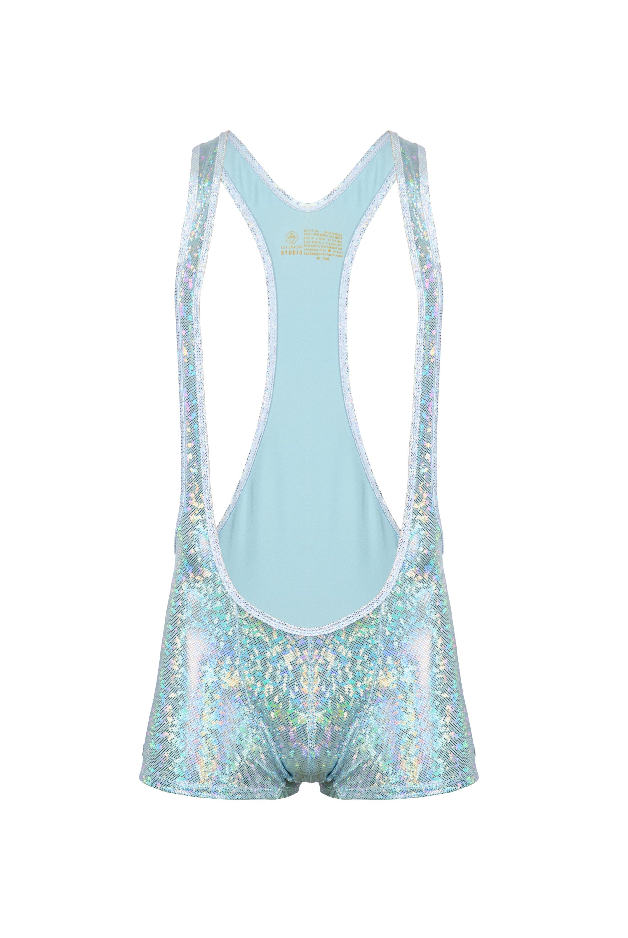 Sea Dragon Studio holographic mens wrestling singlet worn at festival - rave and Pride festival wear by Sea Dragon Studio.