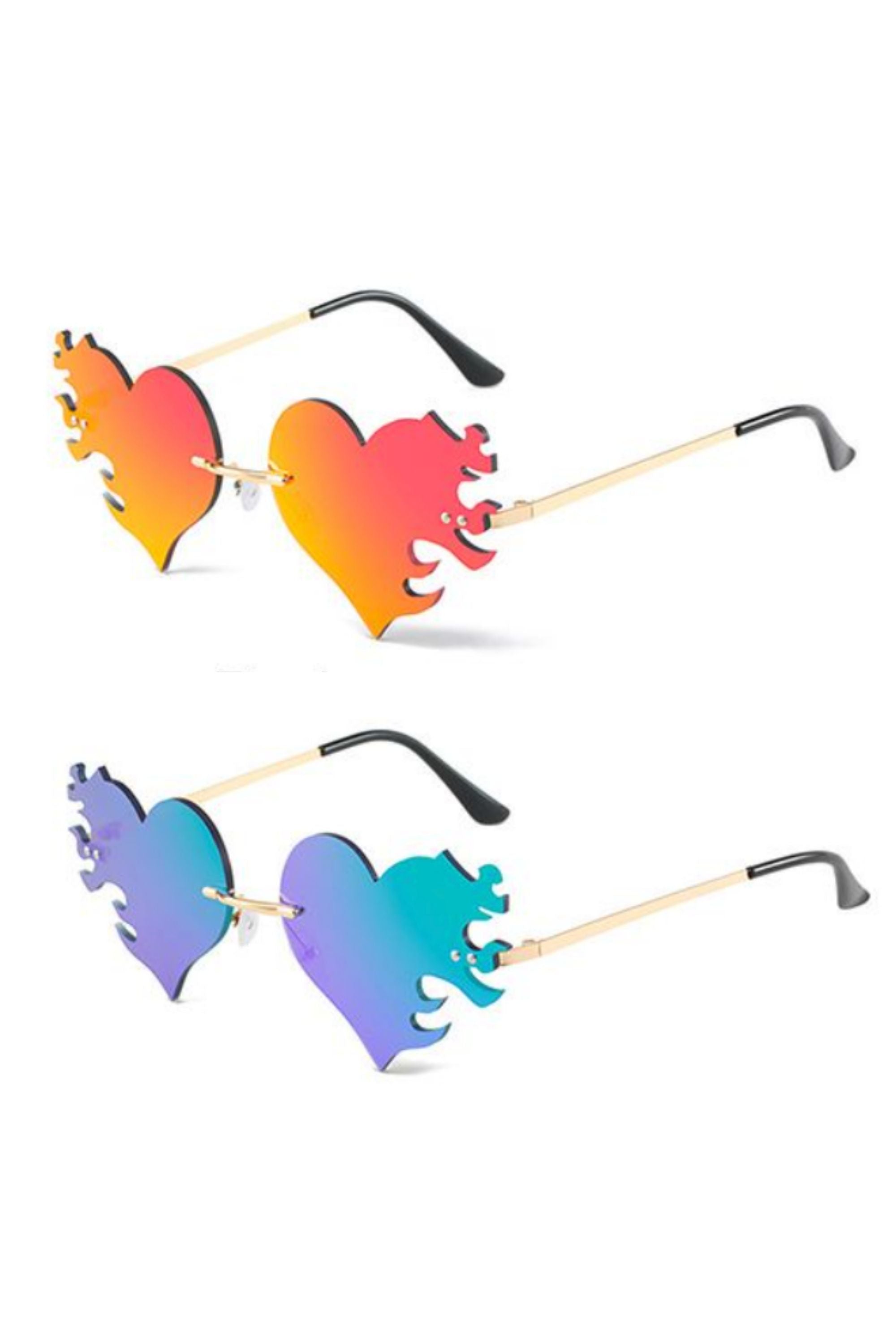 Sea Dragon Studio Burning Love Rimless Heart Sunglasses gender-neutral festival sunglasses — festival and rave and pride wear, worn at festival.