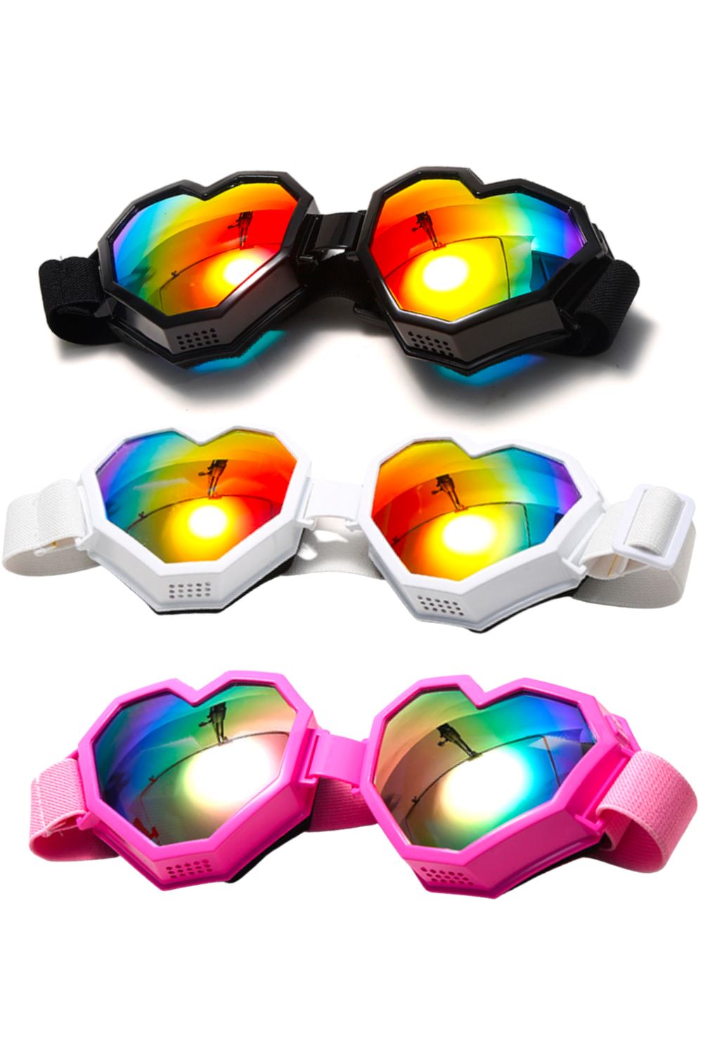 Sea Dragon Studio Heart Throb Rainbow Heart Goggles gender-neutral festival sunglasses — festival and rave and pride wear, worn at festival.