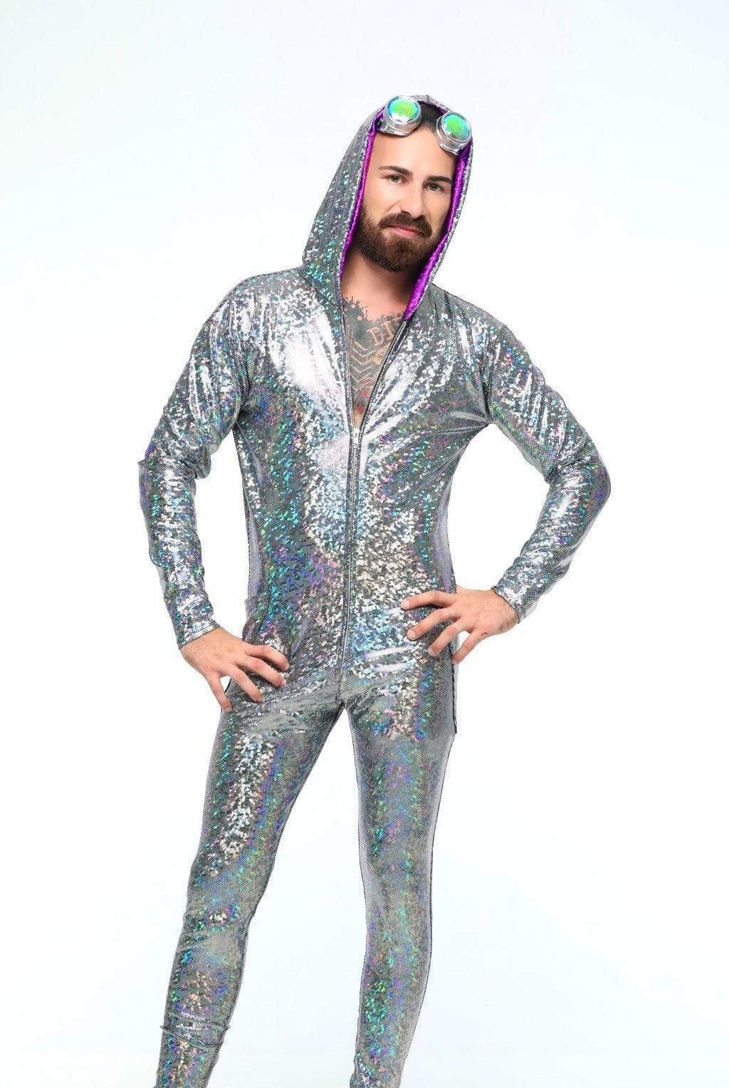 Sea Dragon Studio holographic mens jumpsuit in gold - full-length festival jumpsuit for Burning Man and EDM rave events.