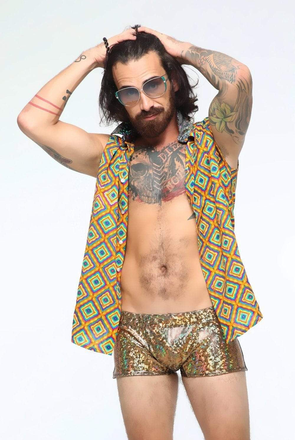 Sea Dragon Studio holographic mens festival shorts — festival and rave wear, worn at festival.