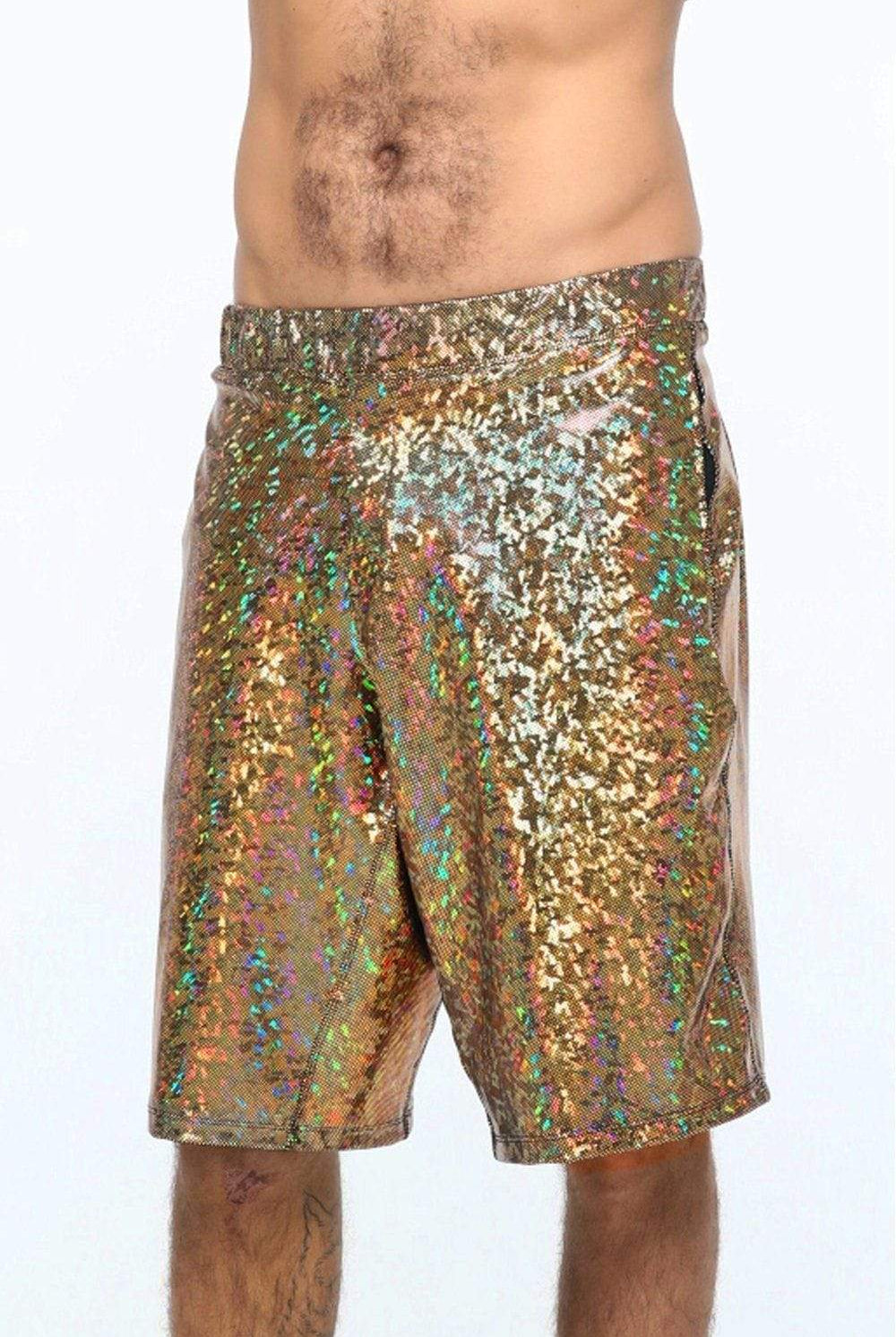 Sea Dragon Studio holographic mens festival shorts — Burning Man and festival and rave wear, worn at festival.