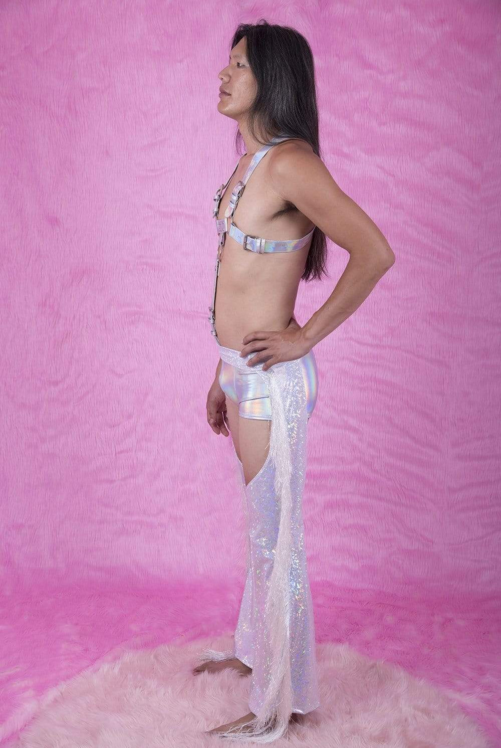 Sea Dragon Studio holographic chaps fringe detail close-up - iridescent festival fabric that catches light at every angle.