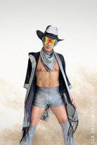 Sea Dragon Studio mens holographic chaps back view with fringe detail - iridescent rave wear in Midnight Inferno Black.