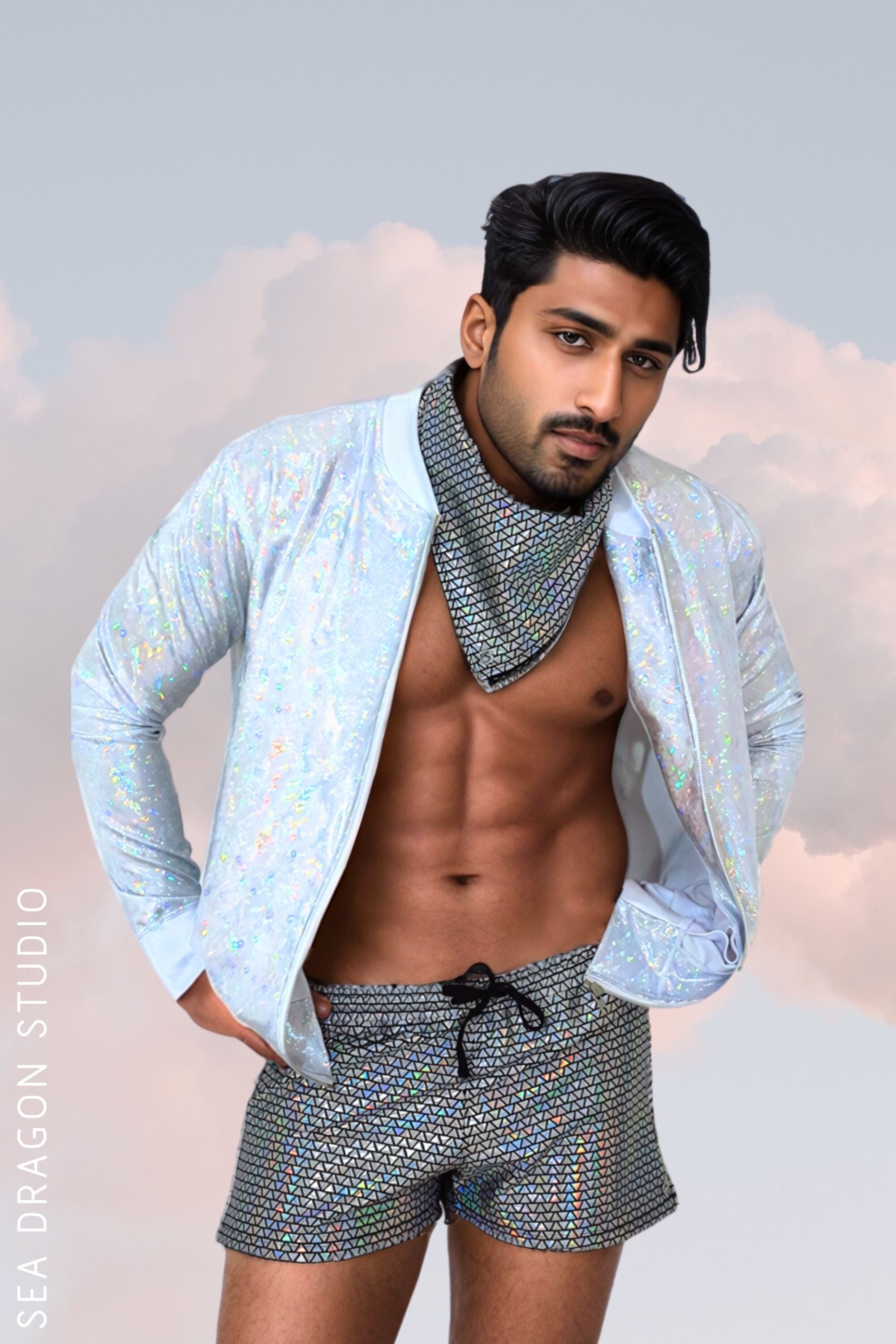 Sea Dragon Studio holographic mens bomber jacket in gold - festival jacket for Burning Man and EDM rave events.