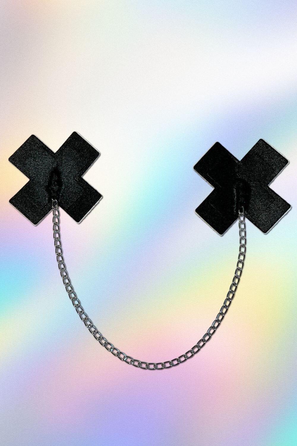 Sea Dragon Studio Chained Liquid Black Cross Nipple Pasties womens festival pasties — Burning Man and rave wear, worn at festival.