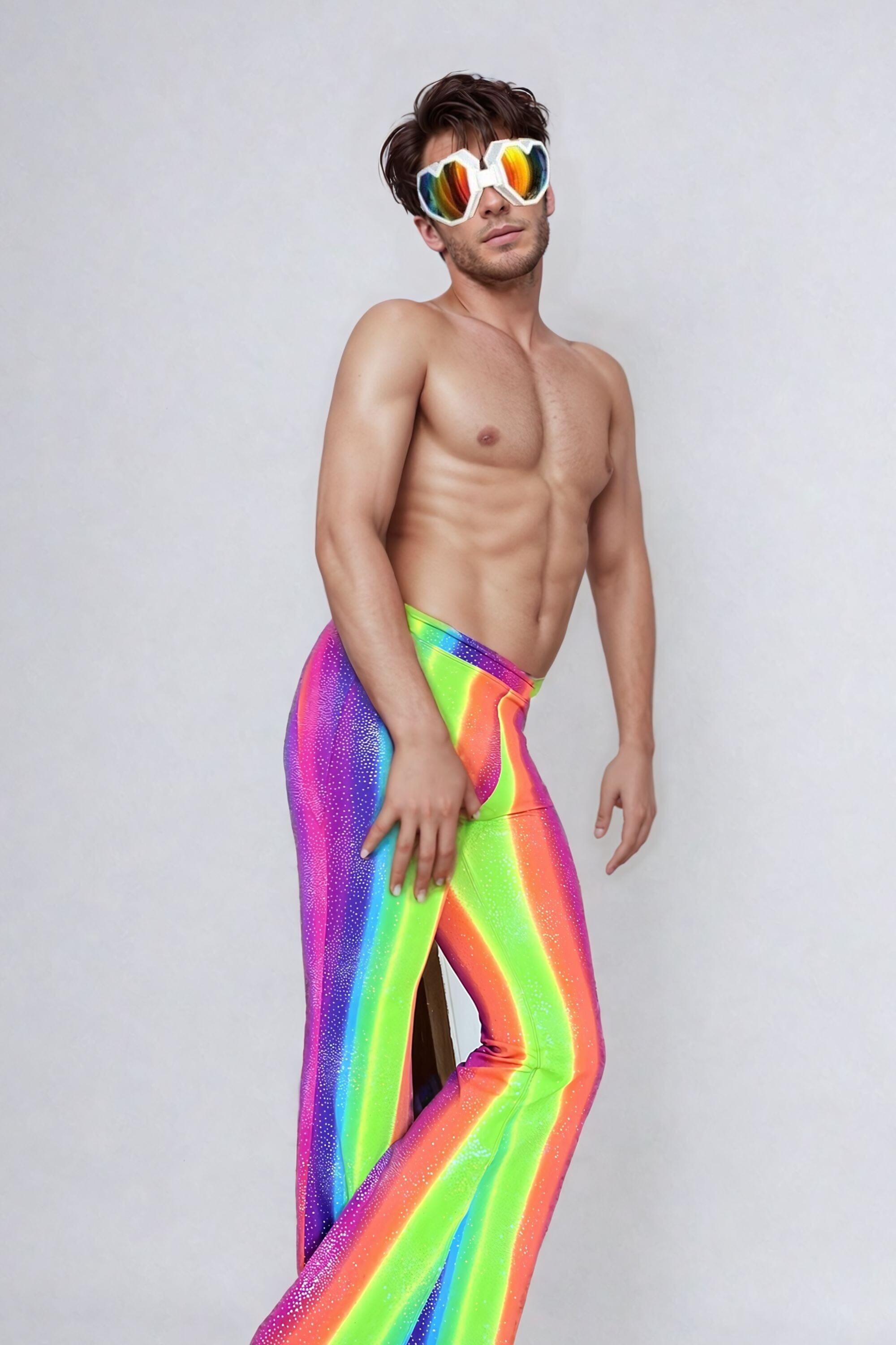 Sea Dragon Studio holographic flares fabric detail - iridescent wide-leg lycra festival pants.