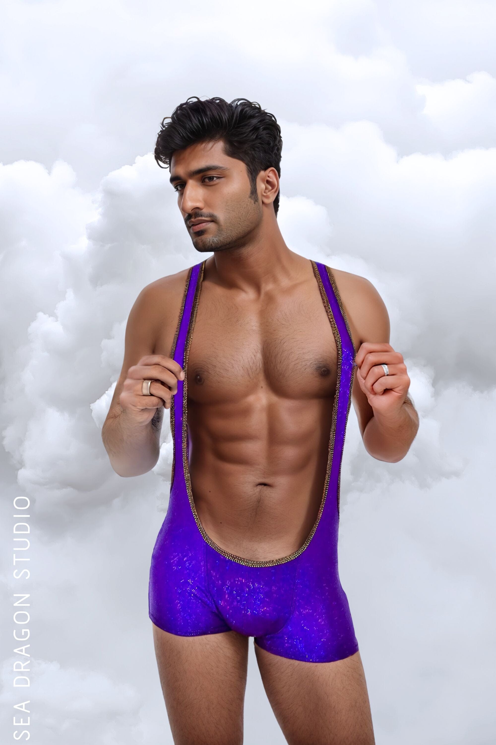 Sea Dragon Studio holographic mens wrestling singlet in gold - rave singlet for Burning Man and EDM festival wear.