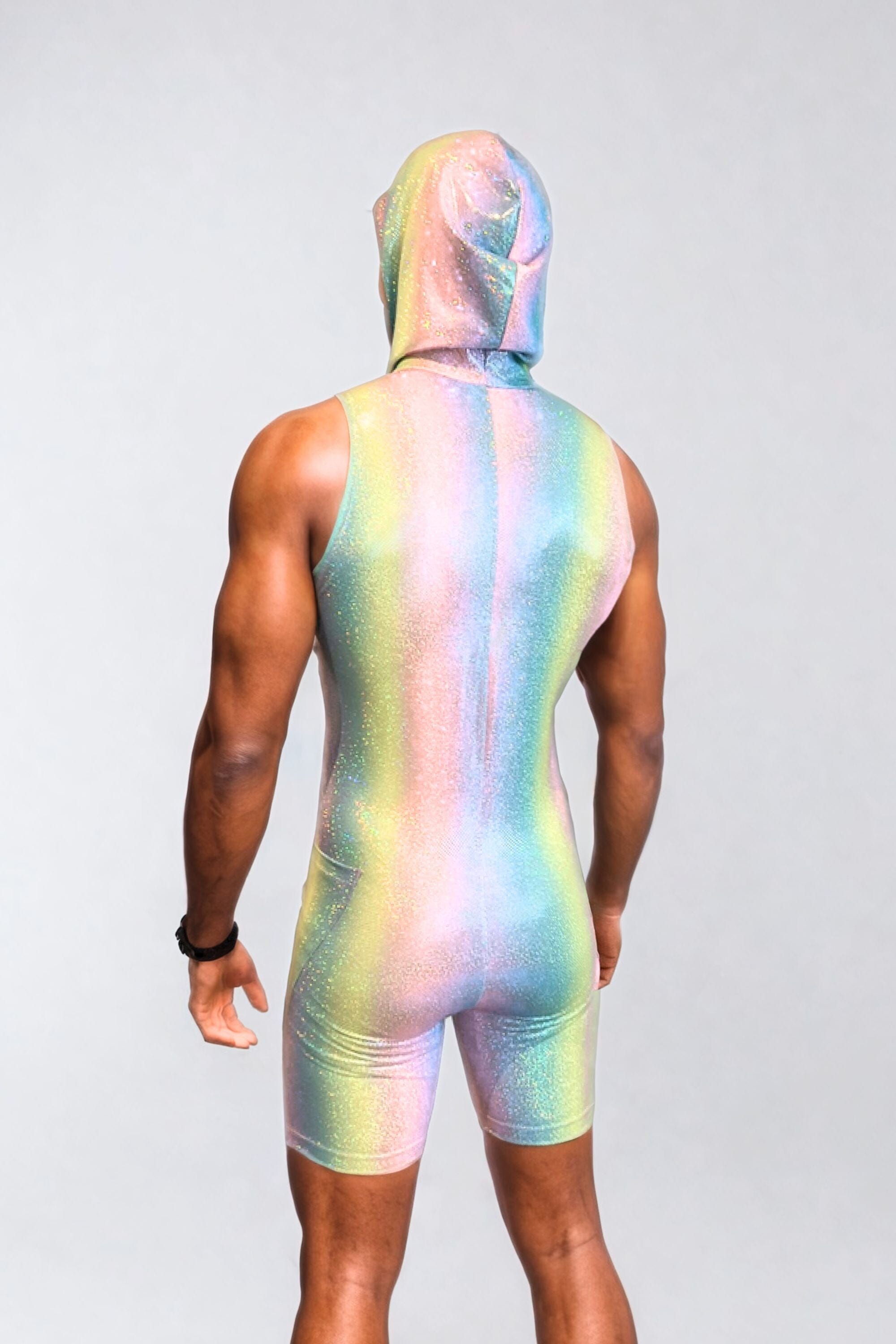 Sea Dragon Studio Strider jumpsuit fabric detail - iridescent holographic lycra festival jumpsuit for rave and stage wear.