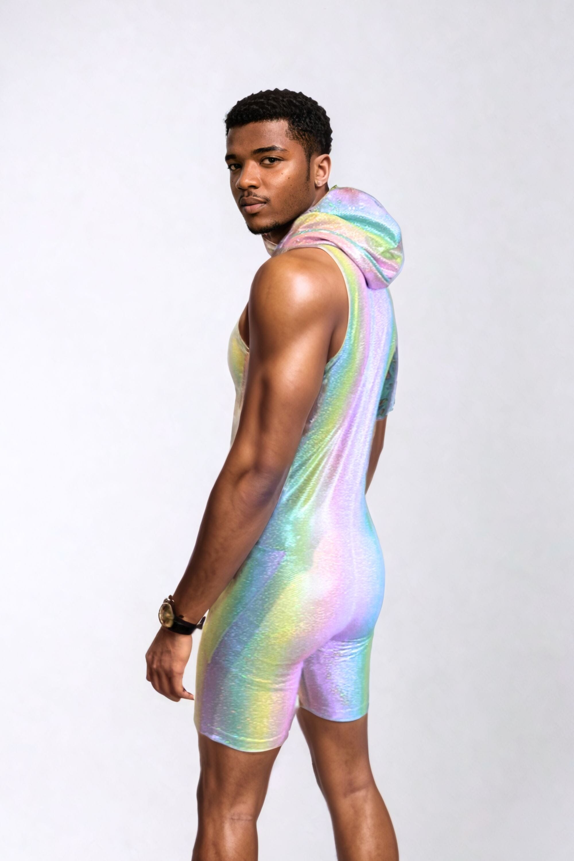Sea Dragon Studio holographic mens sleeveless jumpsuit worn at festival - EDM stage wear by Sea Dragon Studio.