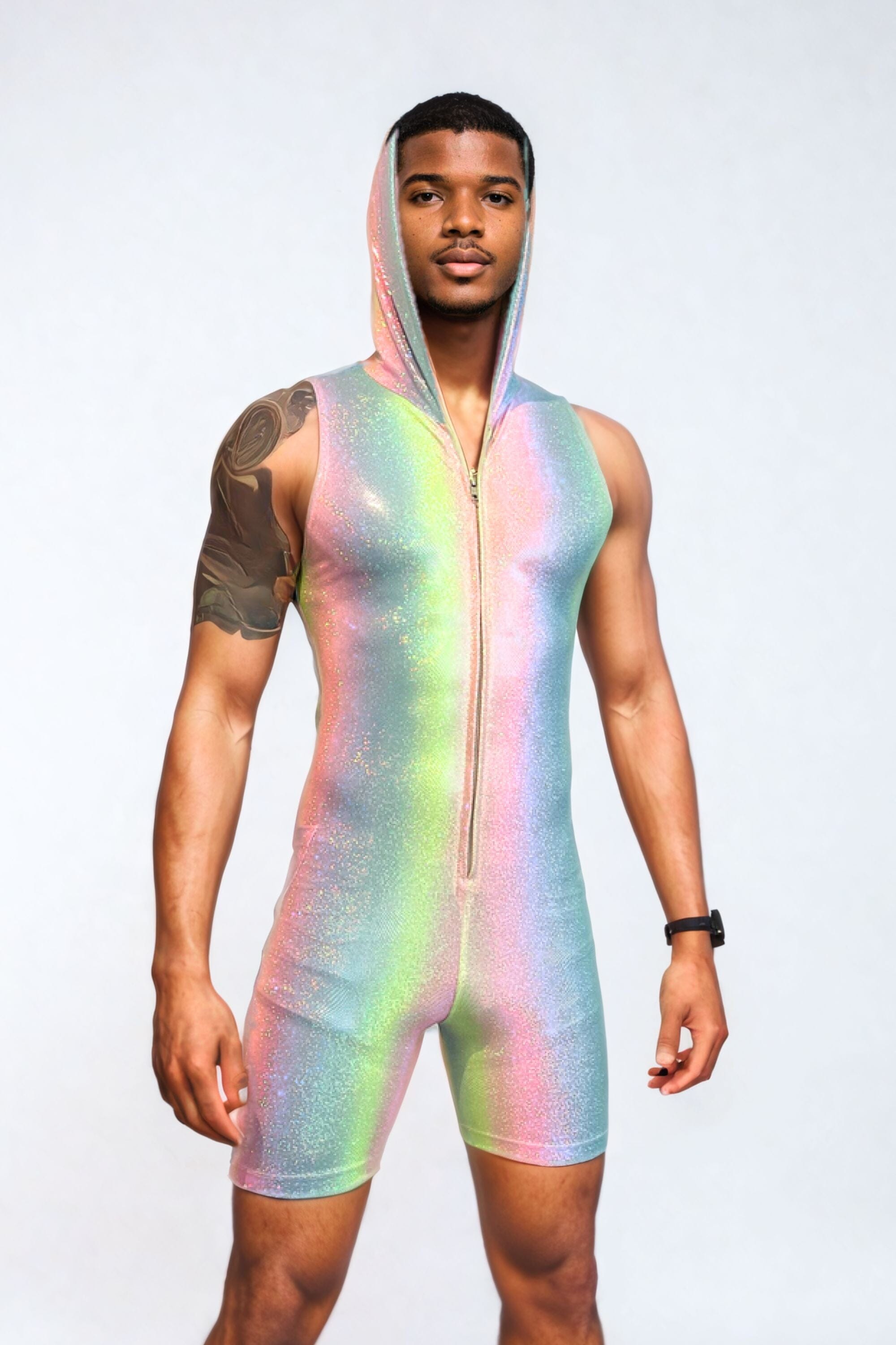 Sea Dragon Studio Strider festival jumpsuit in motion - mens holographic jumpsuit for Burning Man and EDC events.