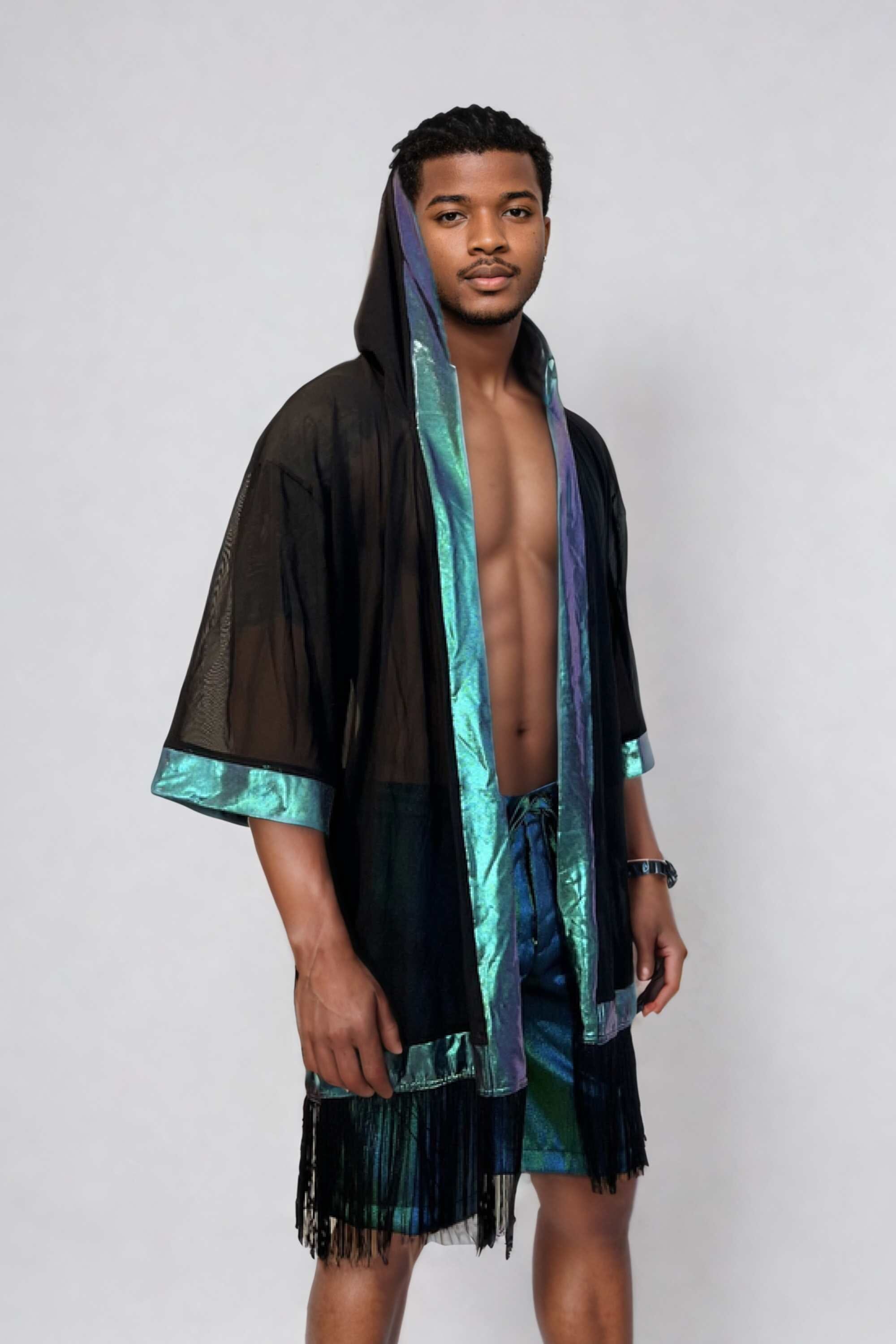 Sea Dragon Studio Cosmic Drifter Mesh Kimono – back view showing mesh drape and holographic fringe hem