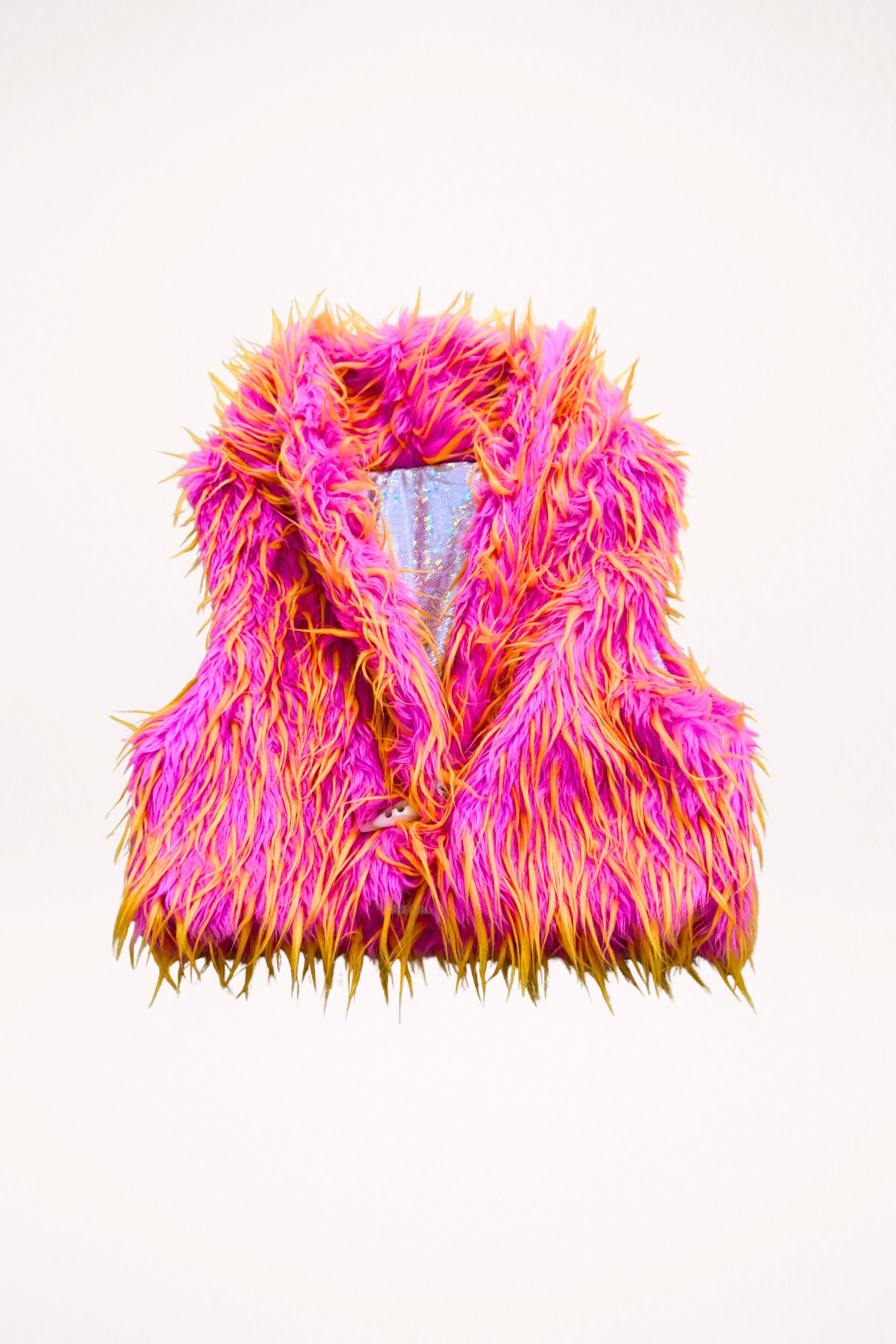 Sea Dragon Studio mens fur vest holographic lining side - reversible festival vest for Burning Man and rave events.