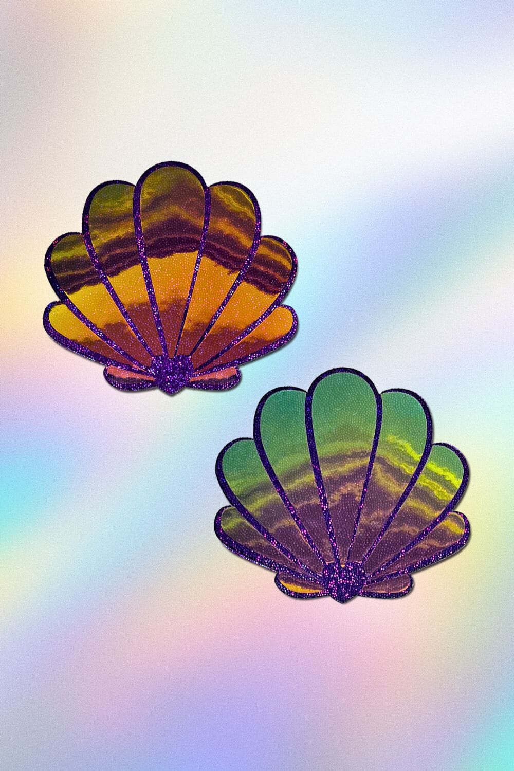 Sea Dragon Studio Mermaid Shells Pasties in Opalescent Purple womens festival pasties — Burning Man and rave wear, worn at festival.