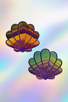 Sea Dragon Studio Mermaid Shells Pasties in Opalescent Purple womens festival pasties — Burning Man and rave wear, worn at festival.
