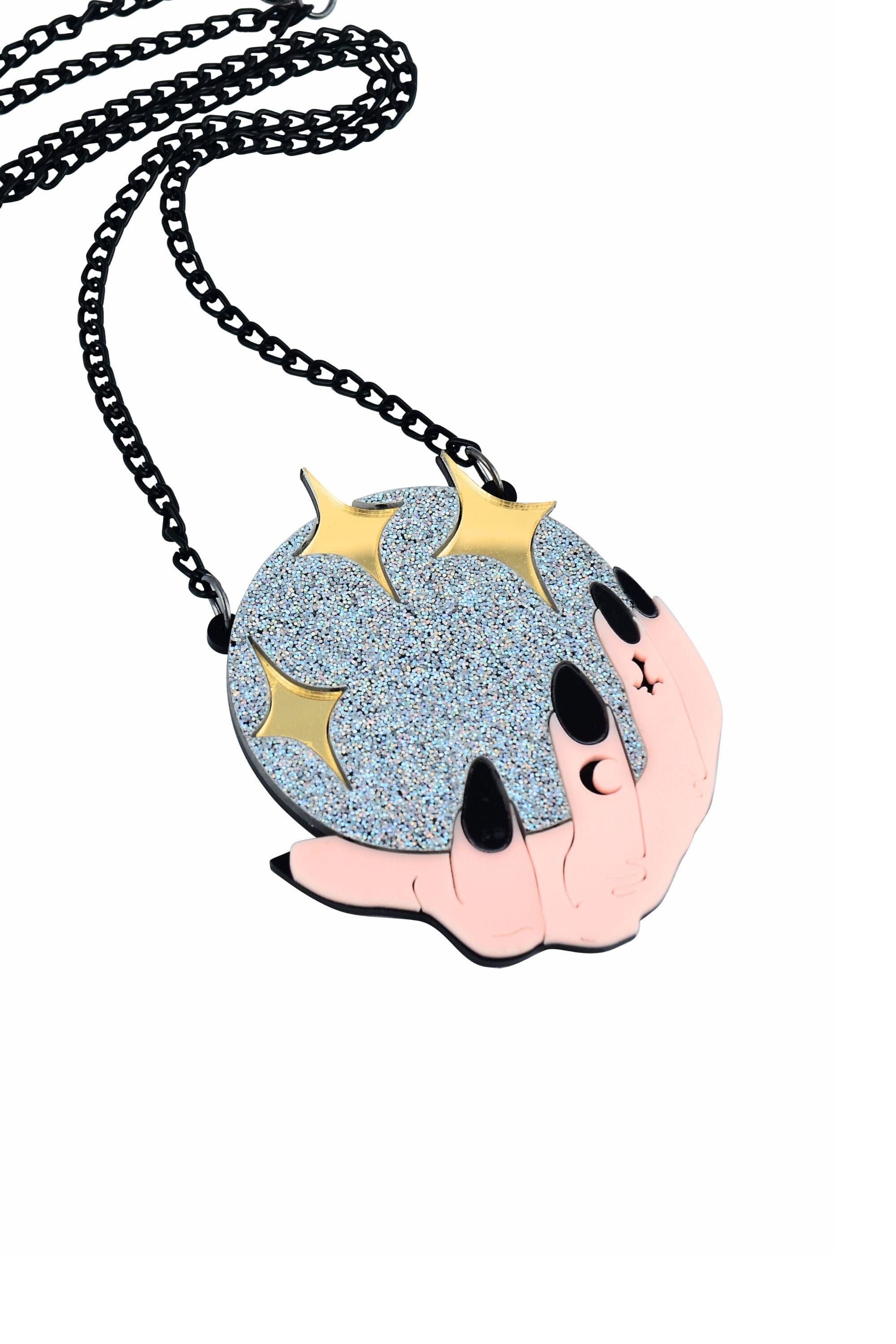 Sea Dragon Studio Rave Oracle Glitter Witch Necklace gender-neutral festival jewelry — festival and rave wear, worn at festival.