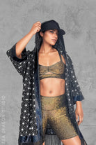 Sea Dragon Studio Starburst Hooded Kimono – worn at festival, Burning Man rave kimono with fringe