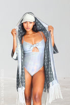 Sea Dragon Studio Starburst Hooded Kimono – back view showing starburst print and holographic fringe hem