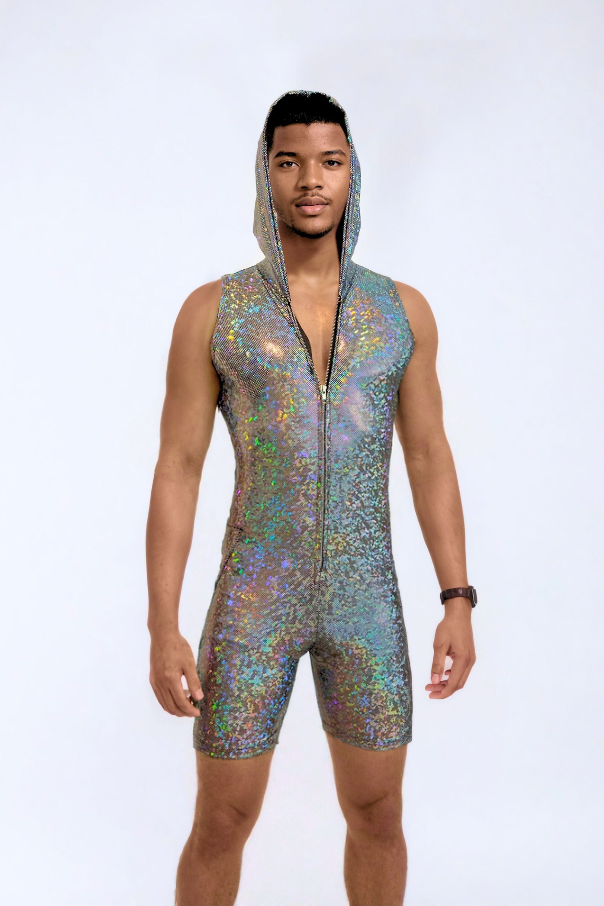 Sea Dragon Studio mens holographic festival jumpsuit back view in silver - Strider sleeveless jumpsuit by Sea Dragon Studio.