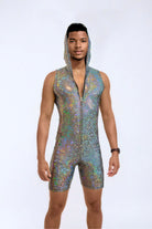 Sea Dragon Studio mens holographic festival jumpsuit back view in silver - Strider sleeveless jumpsuit by Sea Dragon Studio.