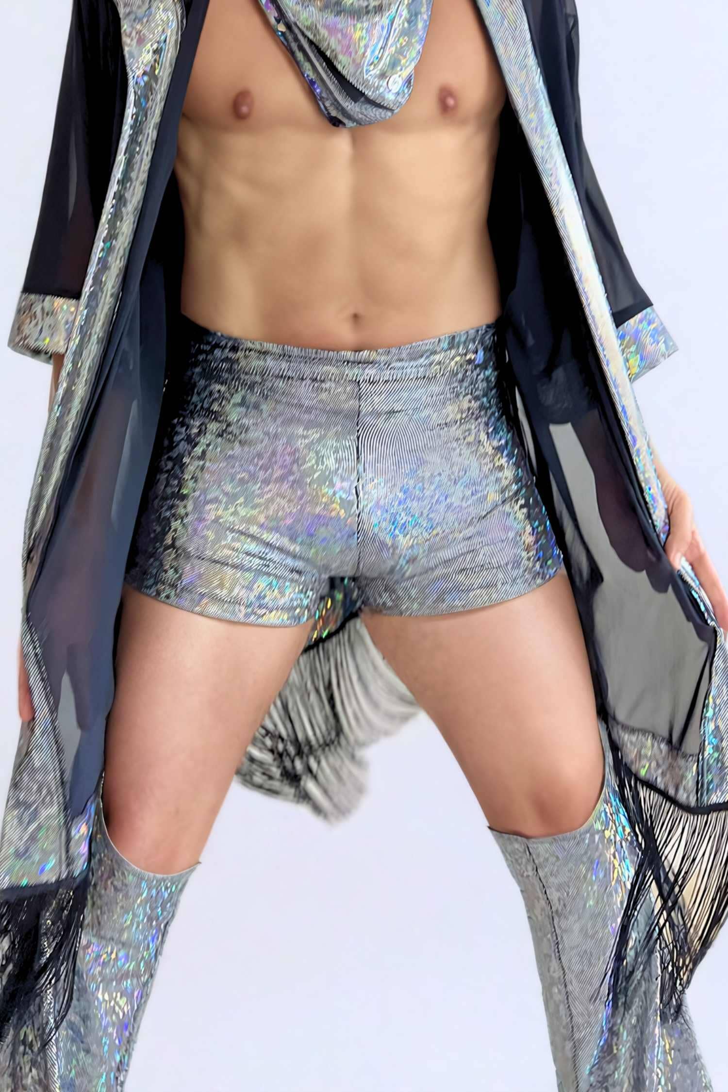Sea Dragon Studio holographic mens shorts fabric detail - high-waisted iridescent lycra festival rave shorts.