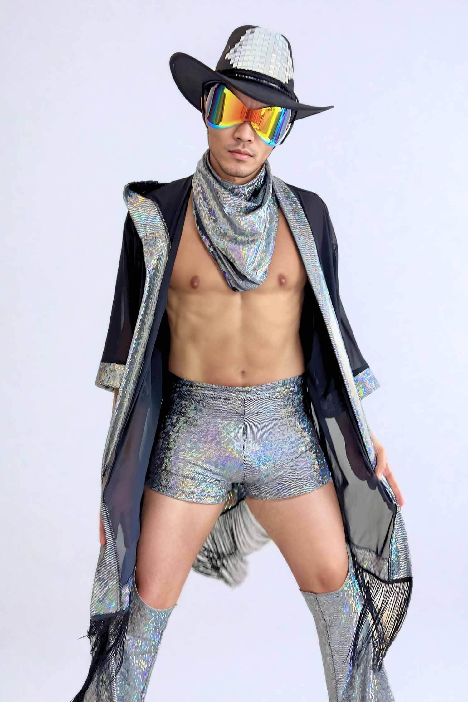 Sea Dragon Studio Cosmic Drifter Mesh Kimono – fringe and trim detail, holographic edging on mesh festival robe