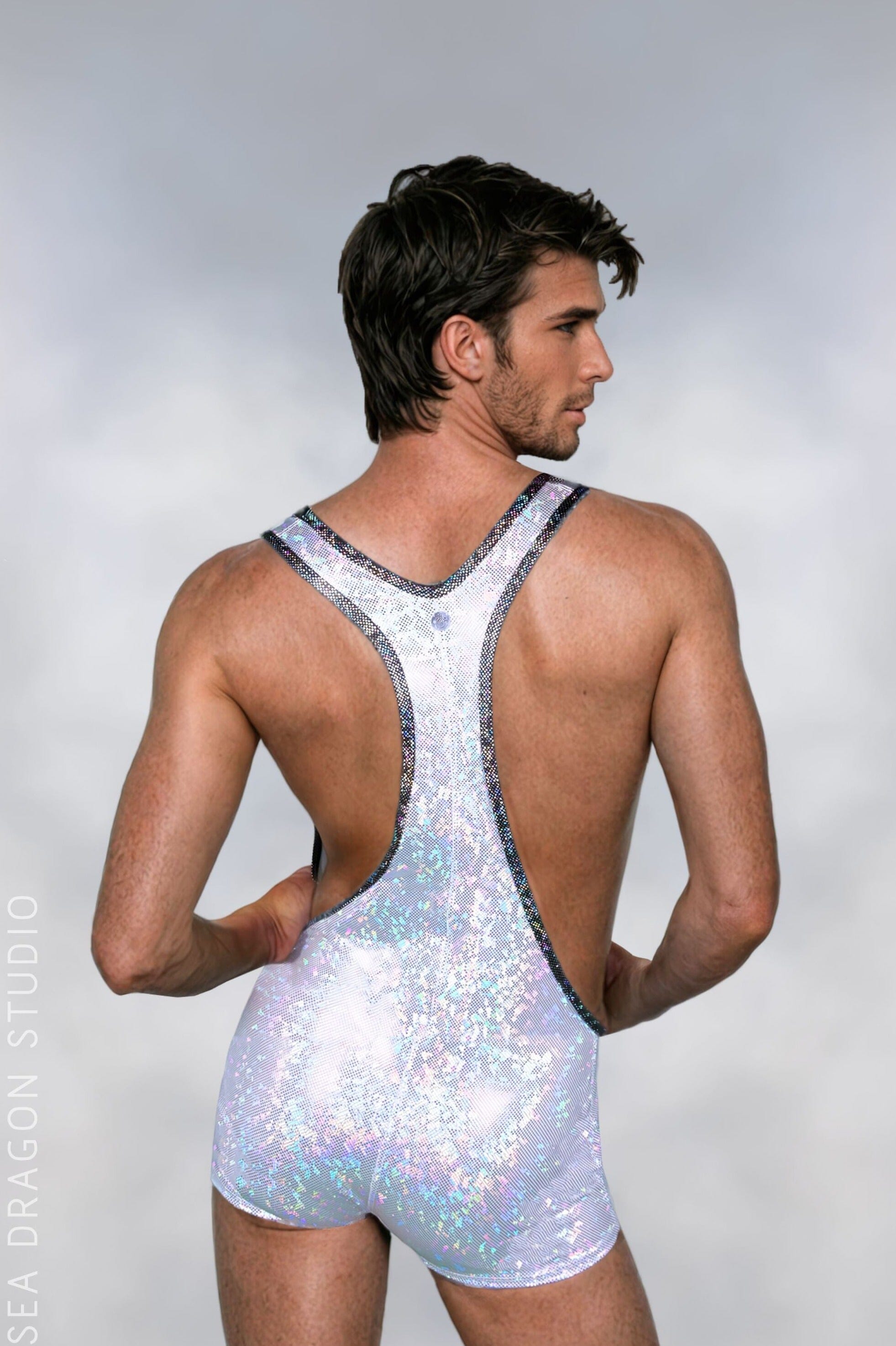 Sea Dragon Studio holographic wrestling singlet back view - mens rave singlet by Sea Dragon Studio.