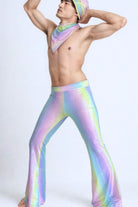 Sea Dragon Studio mens holographic flares worn at festival - wide-leg rave pants for Burning Man and EDM events.