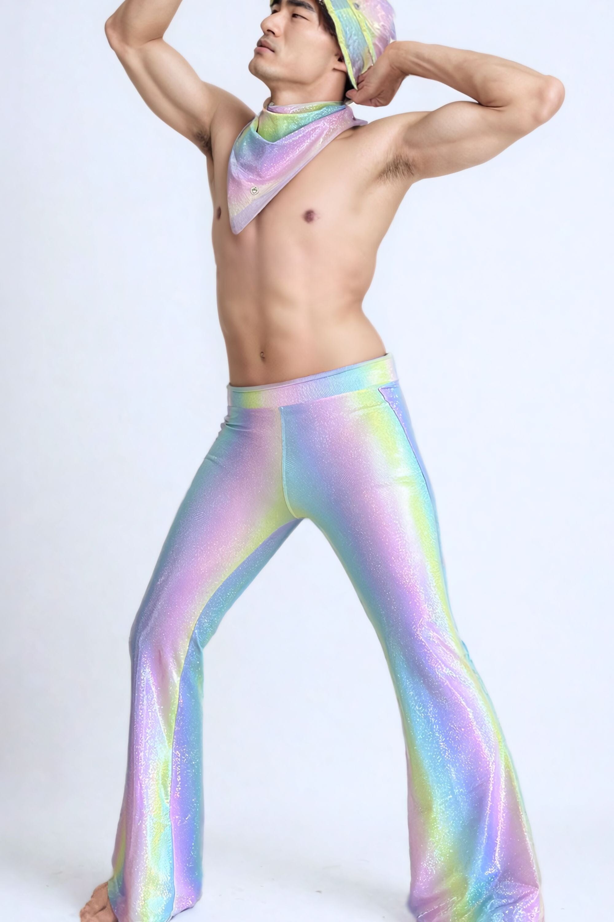 Sea Dragon Studio mens holographic flares worn at festival - wide-leg rave pants for Burning Man and EDM events.