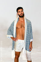 Sea Dragon Studio Starburst Hooded Kimono – fringe detail, holographic trim and luxury fringe