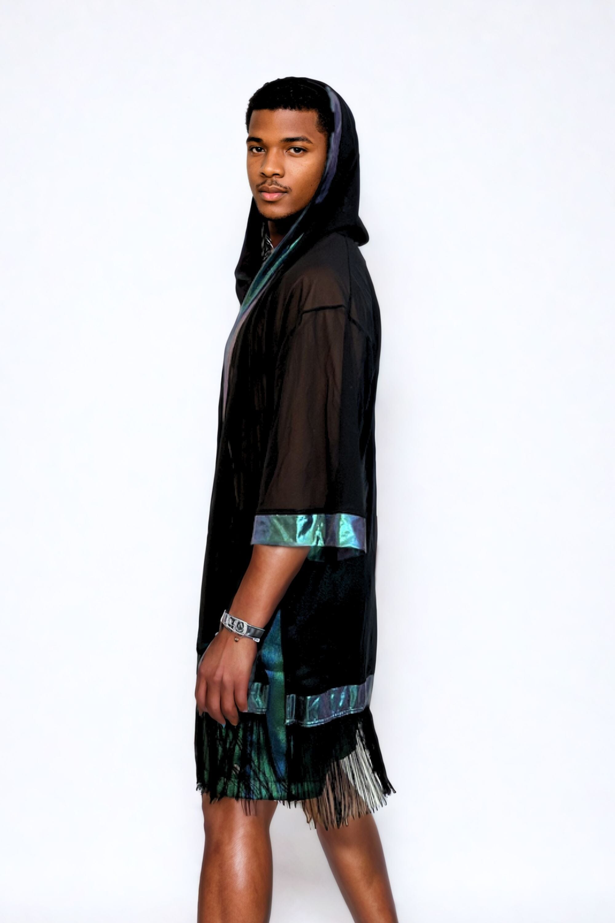 Sea Dragon Studio Cosmic Drifter Mesh Kimono – in motion at festival, lightweight mesh robe catching light