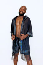Sea Dragon Studio Cosmic Drifter Mesh Kimono – worn at Burning Man, mesh rave kimono with holographic fringe
