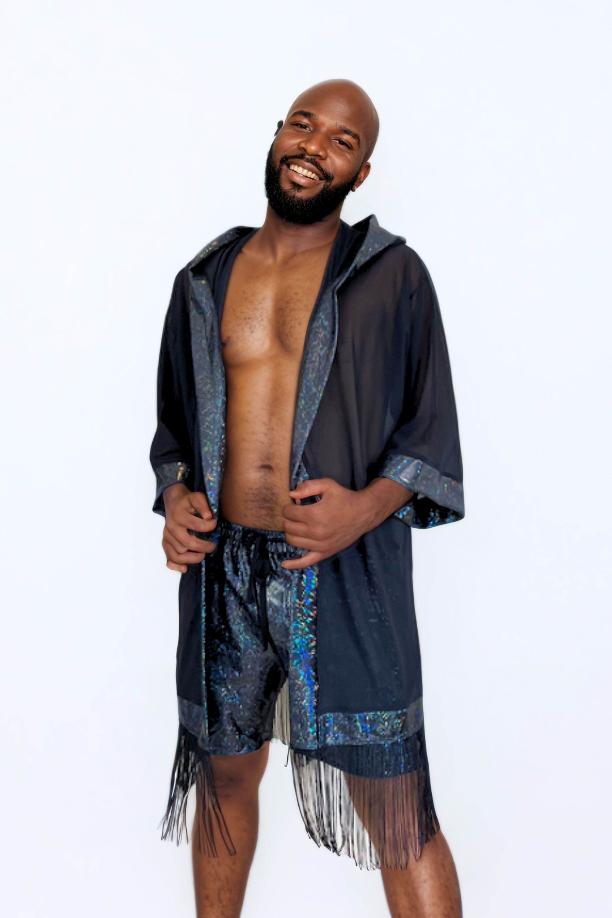 Sea Dragon Studio Cosmic Drifter Mesh Kimono – worn at Burning Man, mesh rave kimono with holographic fringe