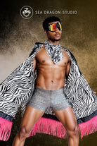 Sea Dragon Studio Zebra Hooded Kimono – front view, zebra-print festival robe with holographic fringe