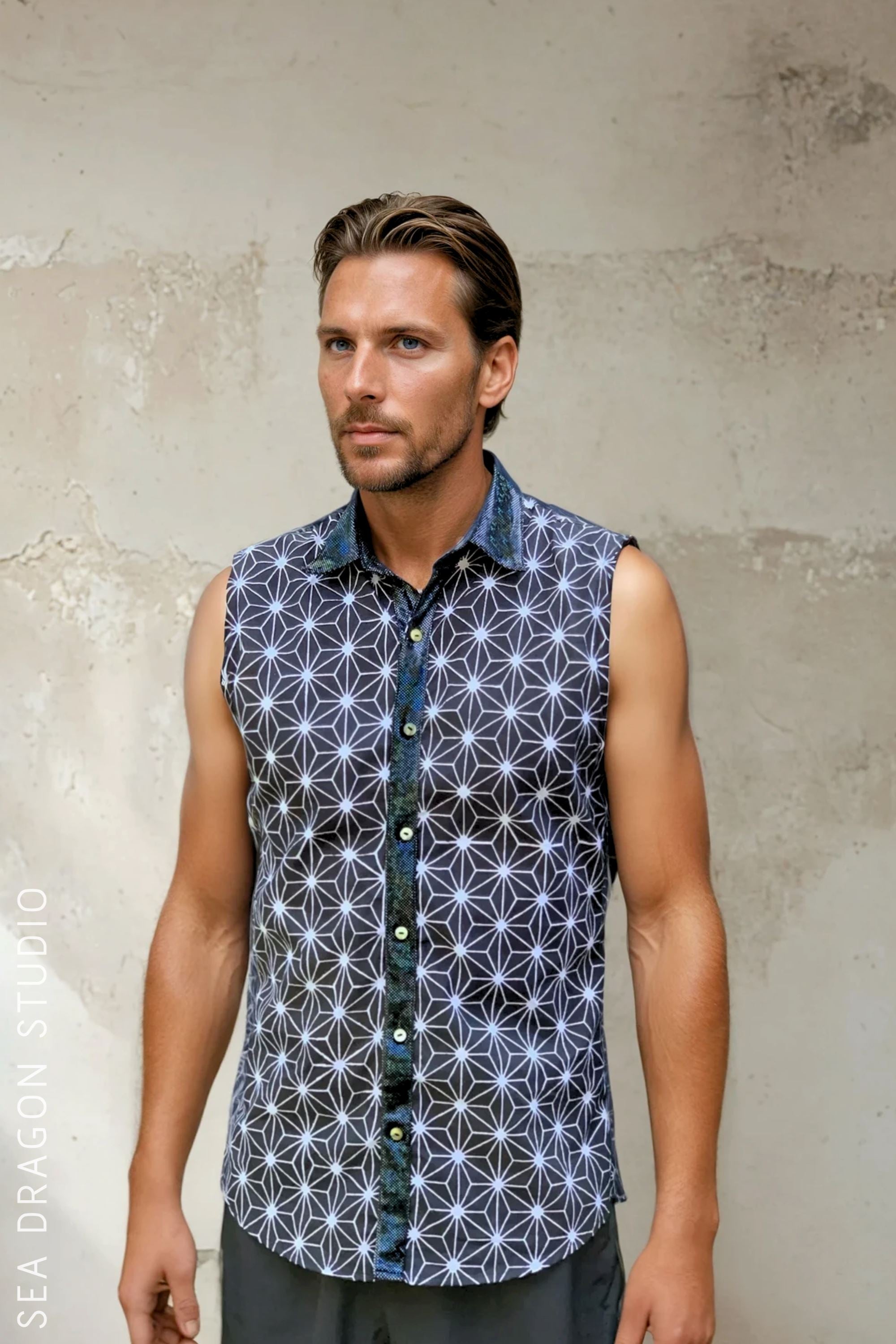 Sea Dragon Studio Mens Starburst Sleeveless Shirt mens festival shirt — Burning Man and rave wear, worn at festival.