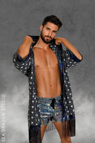 Sea Dragon Studio Starburst Hooded Kimono – front view, hand-printed festival robe with holographic fringe