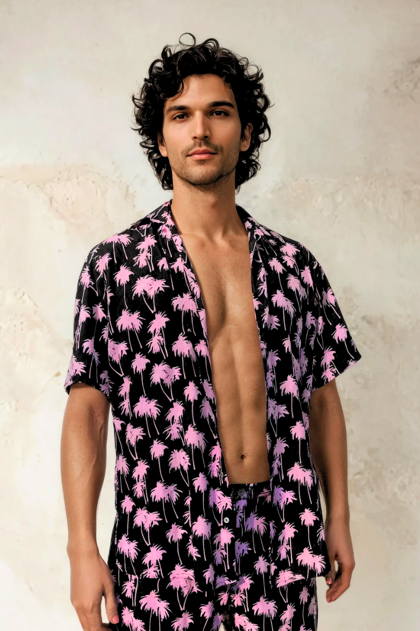 Sea Dragon Studio Malibu Barbie Palm Party Shirt gender-neutral festival wear — festival and rave wear, worn at festival.