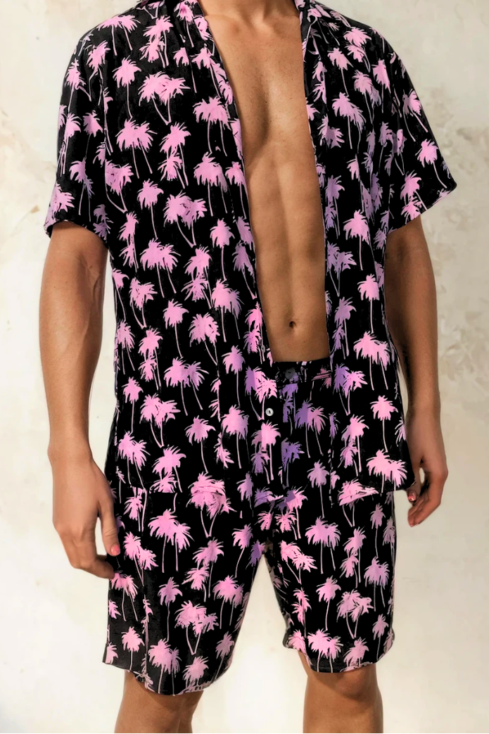 Sea Dragon Studio Malibu Barbie Palm Party Shorts gender-neutral festival wear — festival and rave wear, worn at festival.