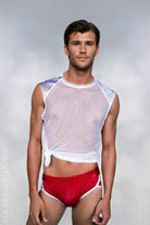 Sea Dragon Studio holographic mens festival shorts — festival and rave wear, worn at festival.