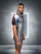 Sea Dragon Studio Strider holographic mens sleeveless jumpsuit in gold - festival jumpsuit for Burning Man and EDM rave events.