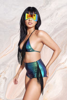 Sea Dragon Studio holographic womens festival shorts — Burning Man and rave wear, worn at festival.