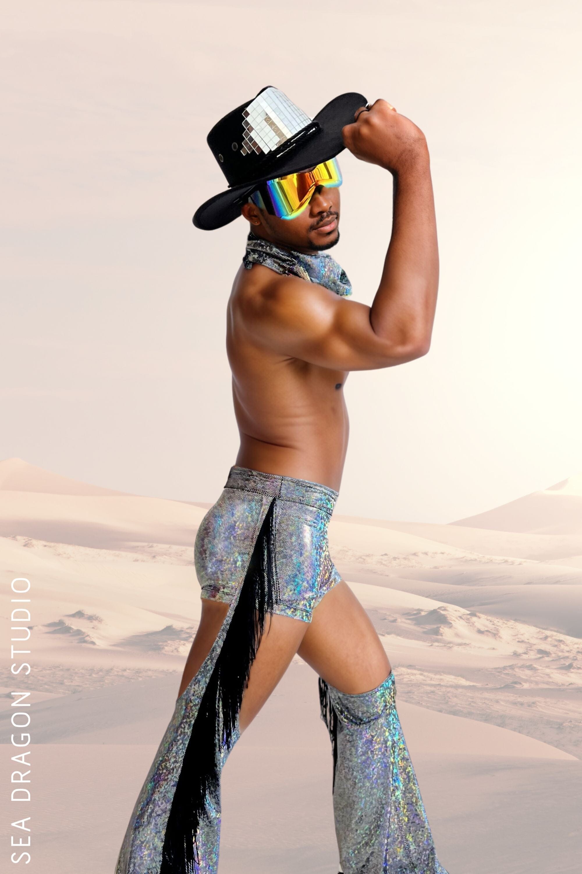 Sea Dragon Studio holographic fringe chaps for men in silver - festival and rave outfit for Burning Man and EDM events.