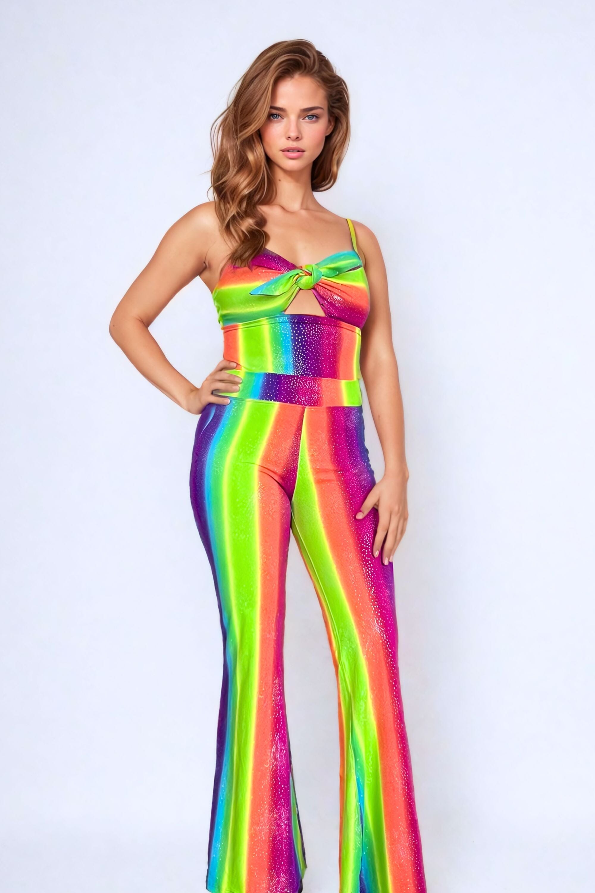 Sea Dragon Studio holographic womens festival flares — rave and pride wear, worn at festival.