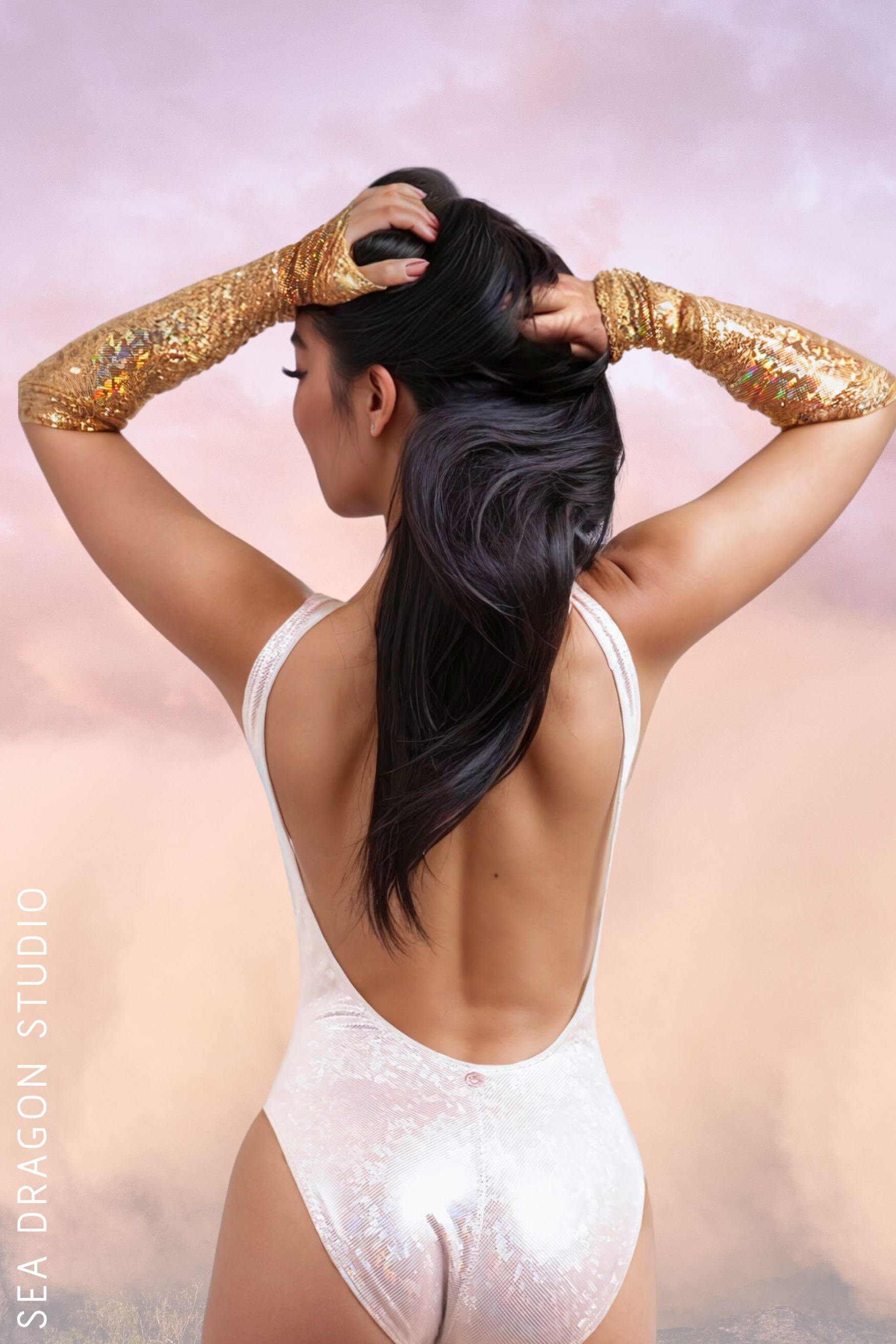 Sea Dragon Studio holographic high-cut retro bodysuit worn at festival - womens rave bodysuit for Burning Man and Pride.