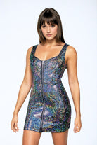 Sea Dragon Studio holographic womens festival dress — rave wear, worn at festival.