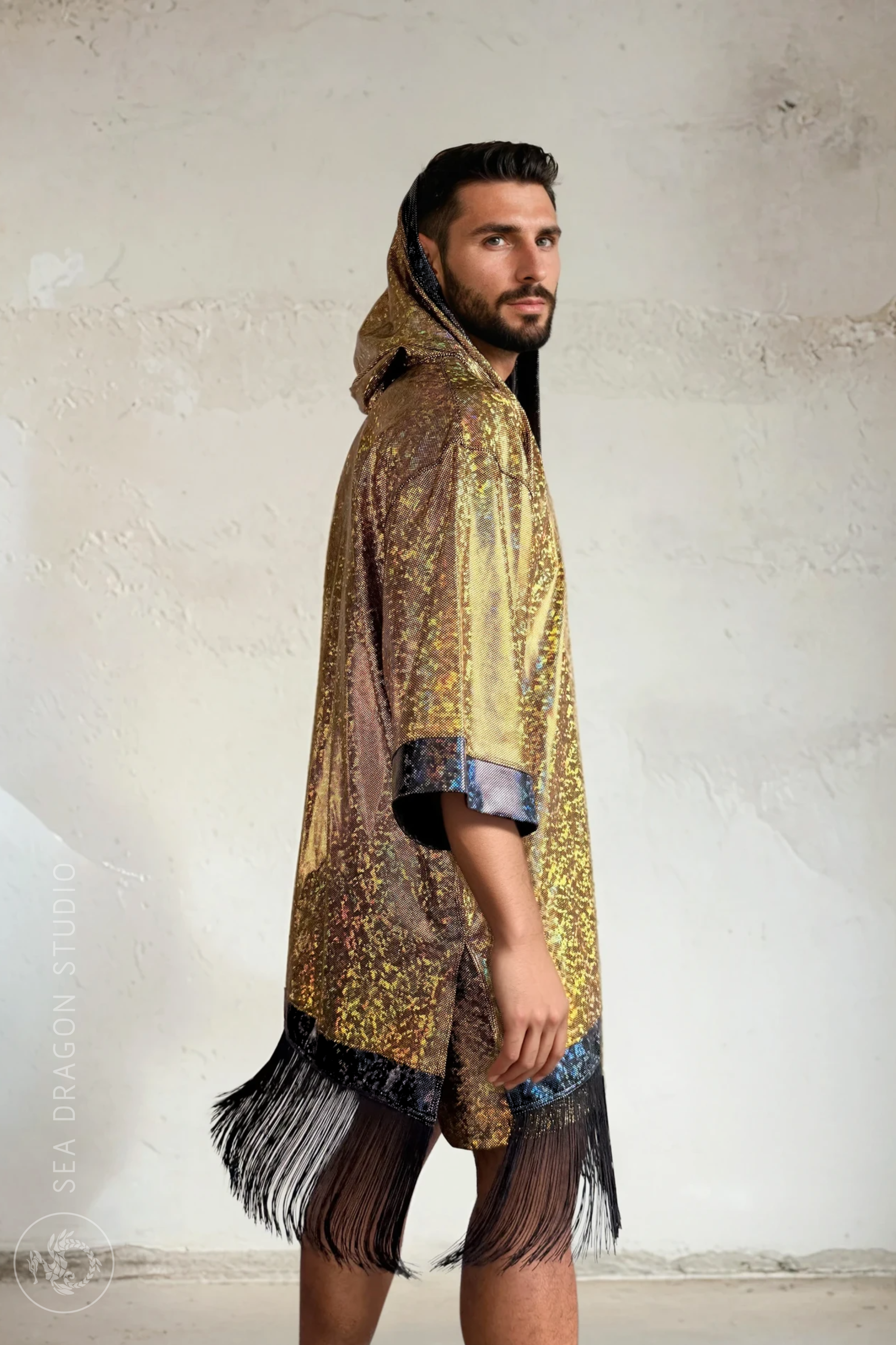 Sea Dragon Studio Holographic Hooded Kimono – front view in Midnight Inferno, holographic rave kimono