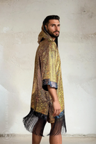 Sea Dragon Studio Holographic Hooded Kimono – front view in Midnight Inferno, holographic rave kimono